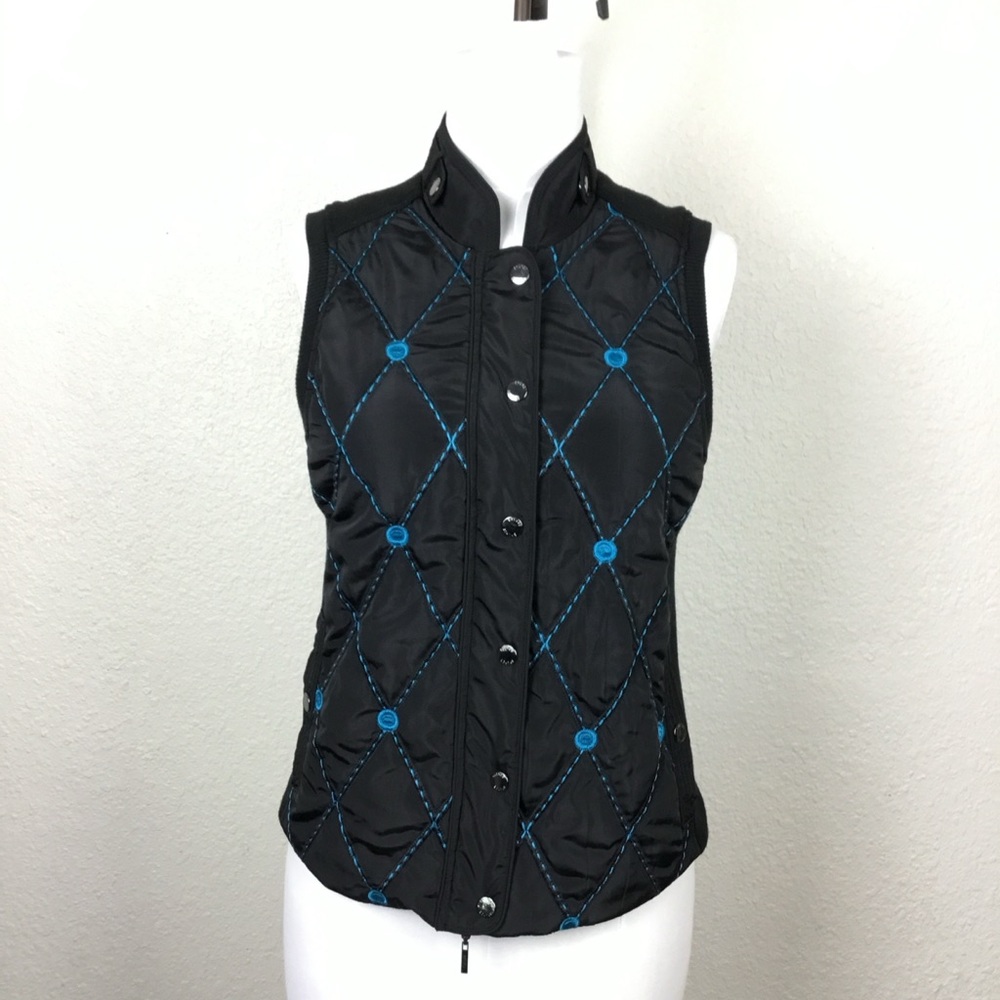 Bylyse Women’s Black/Blue \Quilted Embroidered Vest size P/S Full Zip Packets